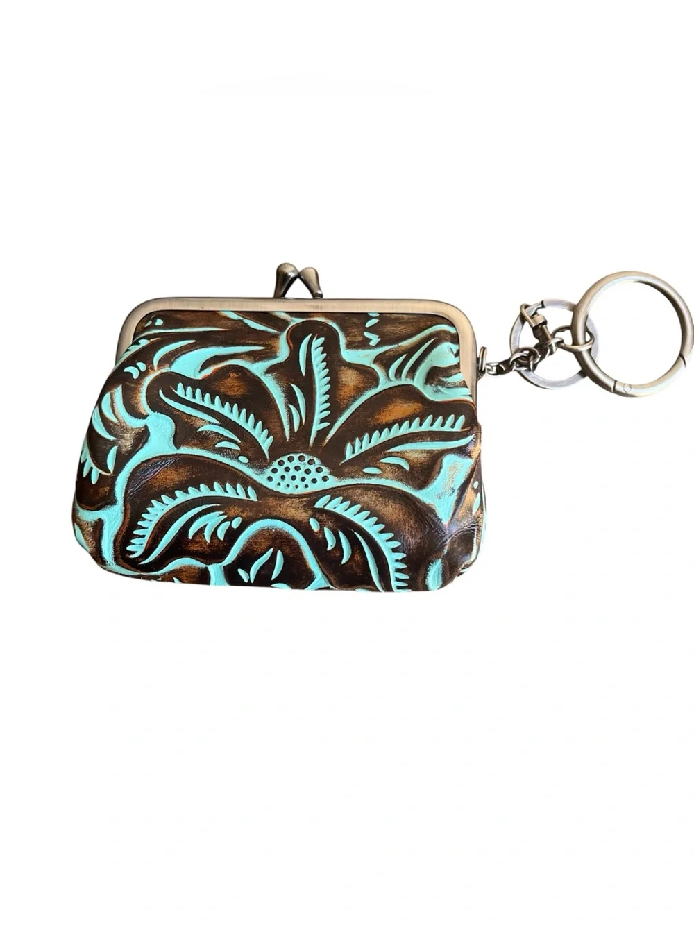 Patricia Nash Borse Tooled Floral Leather Coin Purse Keychain Turquoise Brown